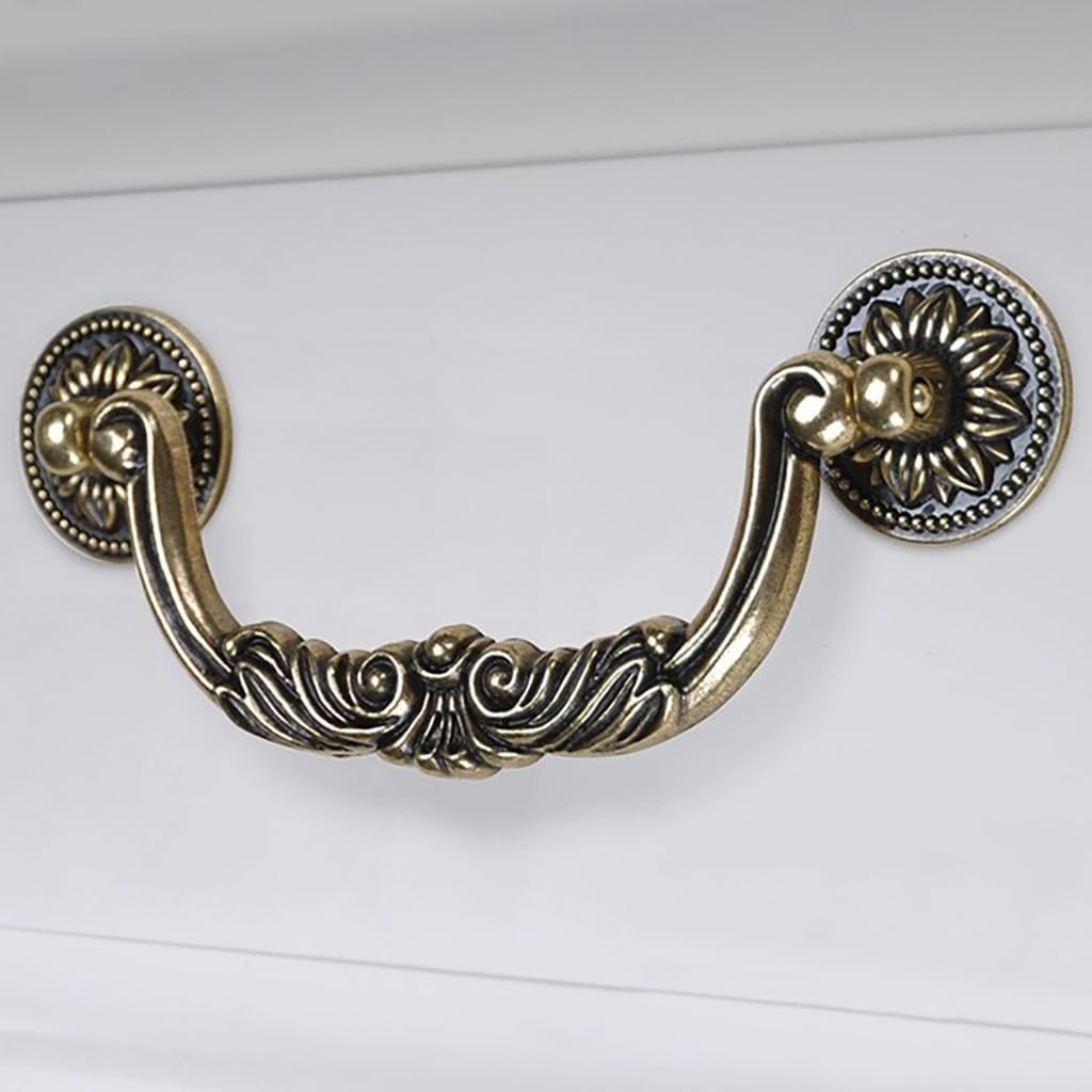 6PCS Antique Bronze Drop Bail Pulls,Vintage Carved Cabinet Pulls Handles,5.0″ Ho