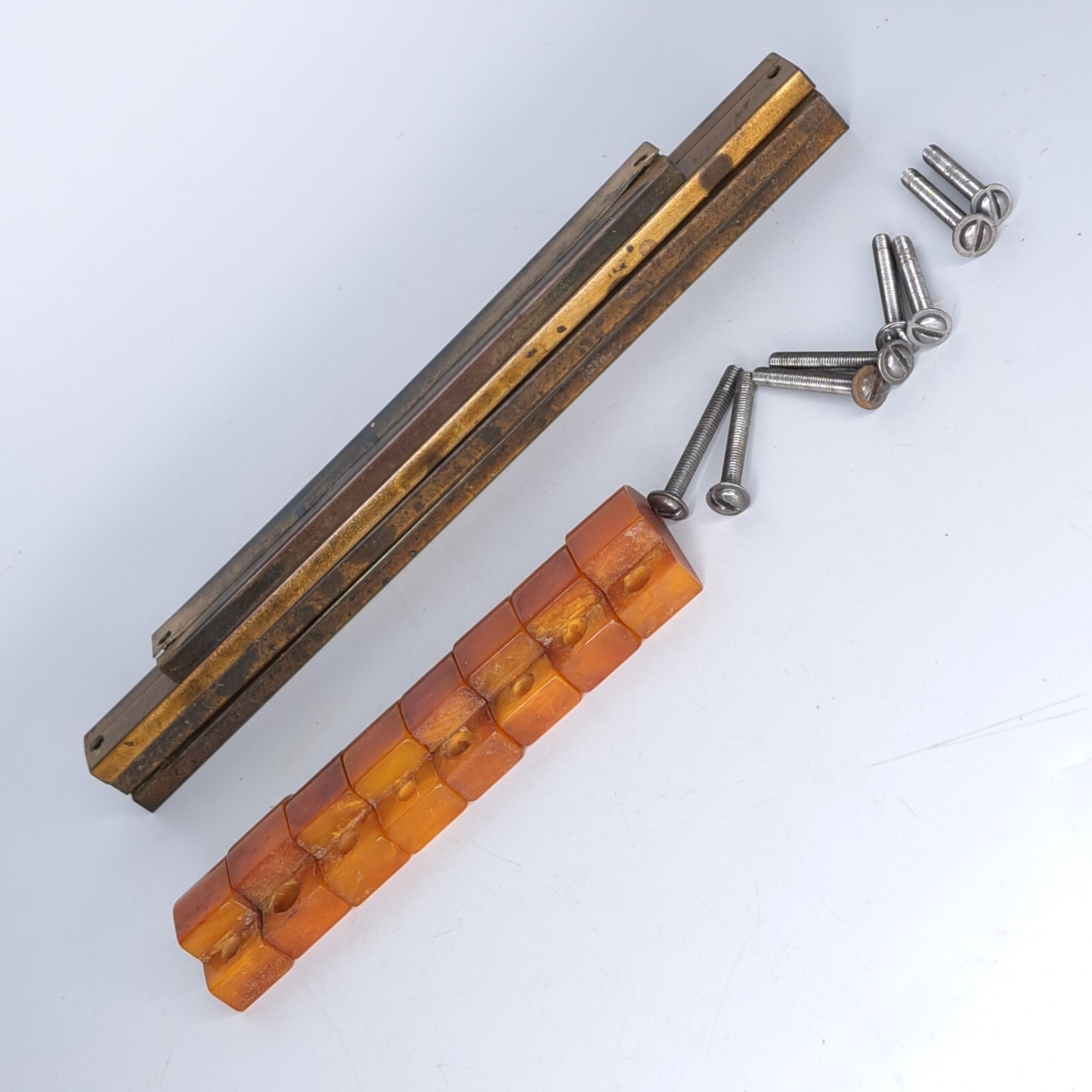4 Antique ART DECO Butterscotch Bakelite Brass Plated Bar Drawer Pulls Reclaimed