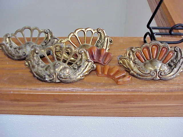 4 Vtg Brass Plated Celluloid or Bakelite Insert Drawer Pulls Dresser Handles
