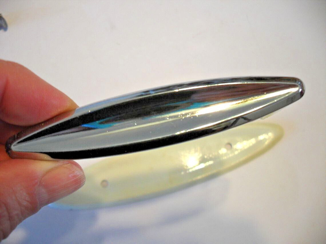 Vintage Chrome Concave Drawer Pull Cabinet Door Handle w White Backplate Ajax