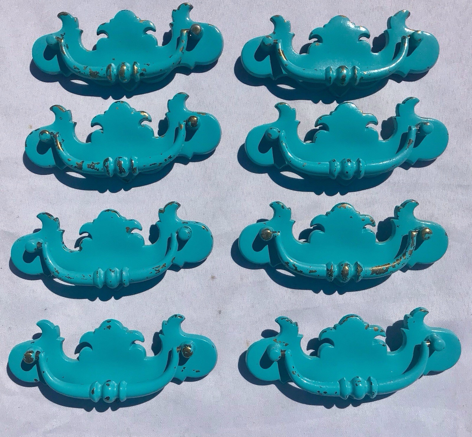 Vtg Turquoise Blue Dresser Desk Cabinet Drawer Pulls 5.5” Set 8 Cottage Western