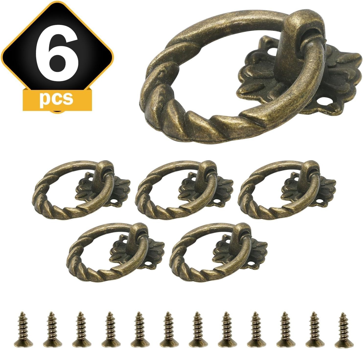 6Pcs Antique Brass Drop Ring Drawer Pulls, Vintage Cabinet Ring Handles, Metal D