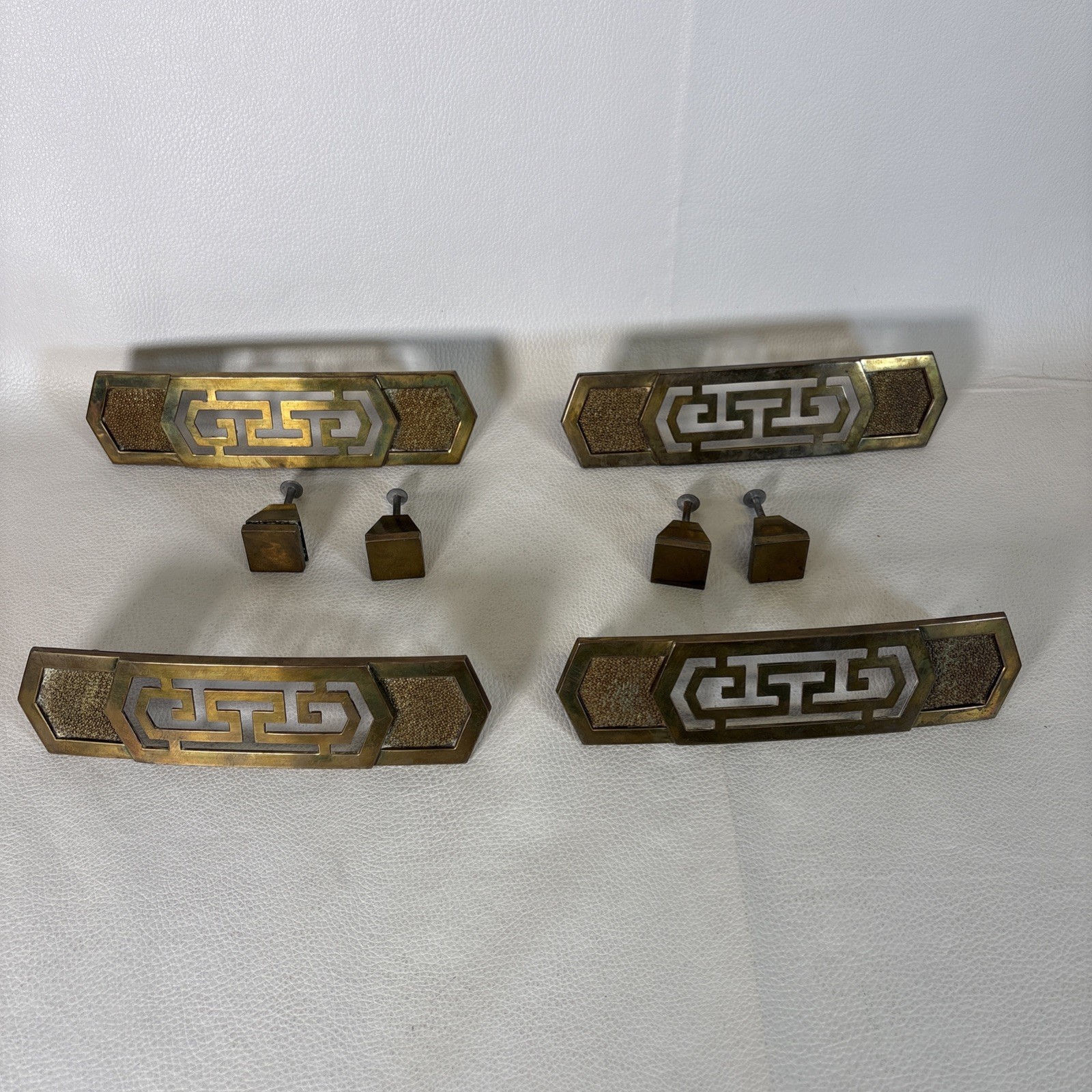 Set of 8 Vintage Art Deco Mid Century Modern Brass Drawer Pulls and Plates