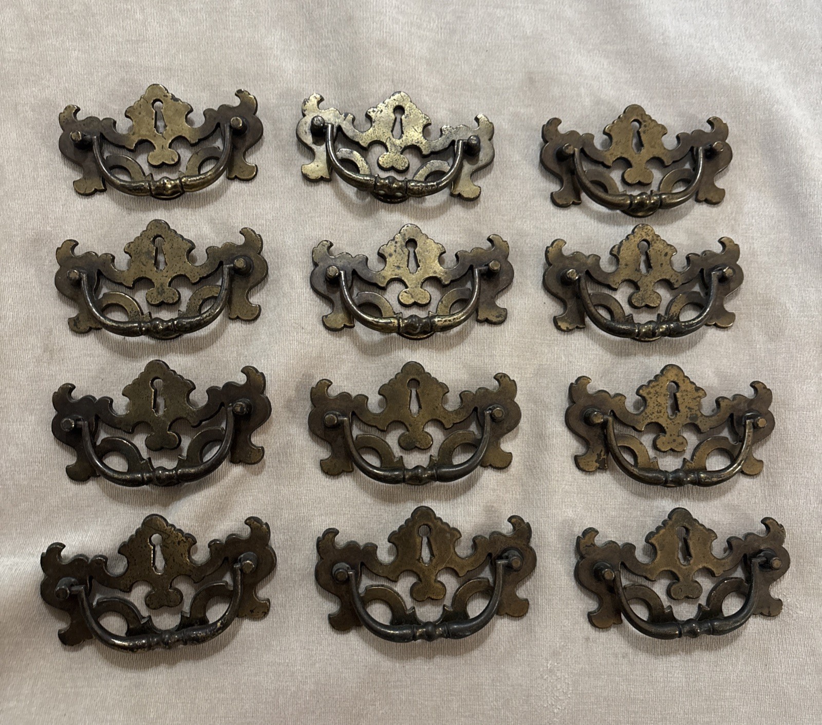 Chippendale Batwing Brass Drawer Pulls Set of 12 Bail Handles w/ Screws Vintage