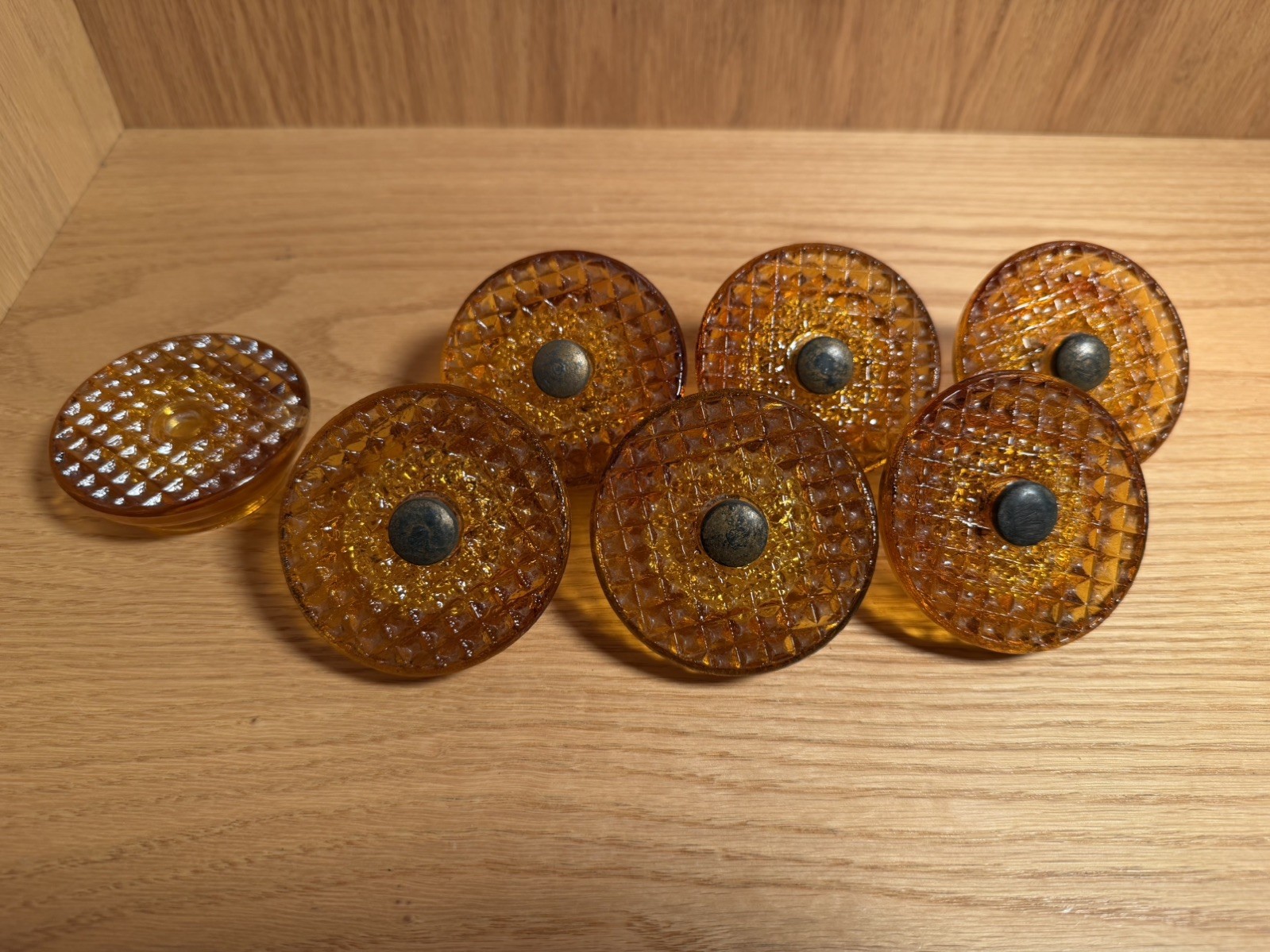 Art Deco Amber Glass Waffle Textured Large Drawer Pulls Set of 6