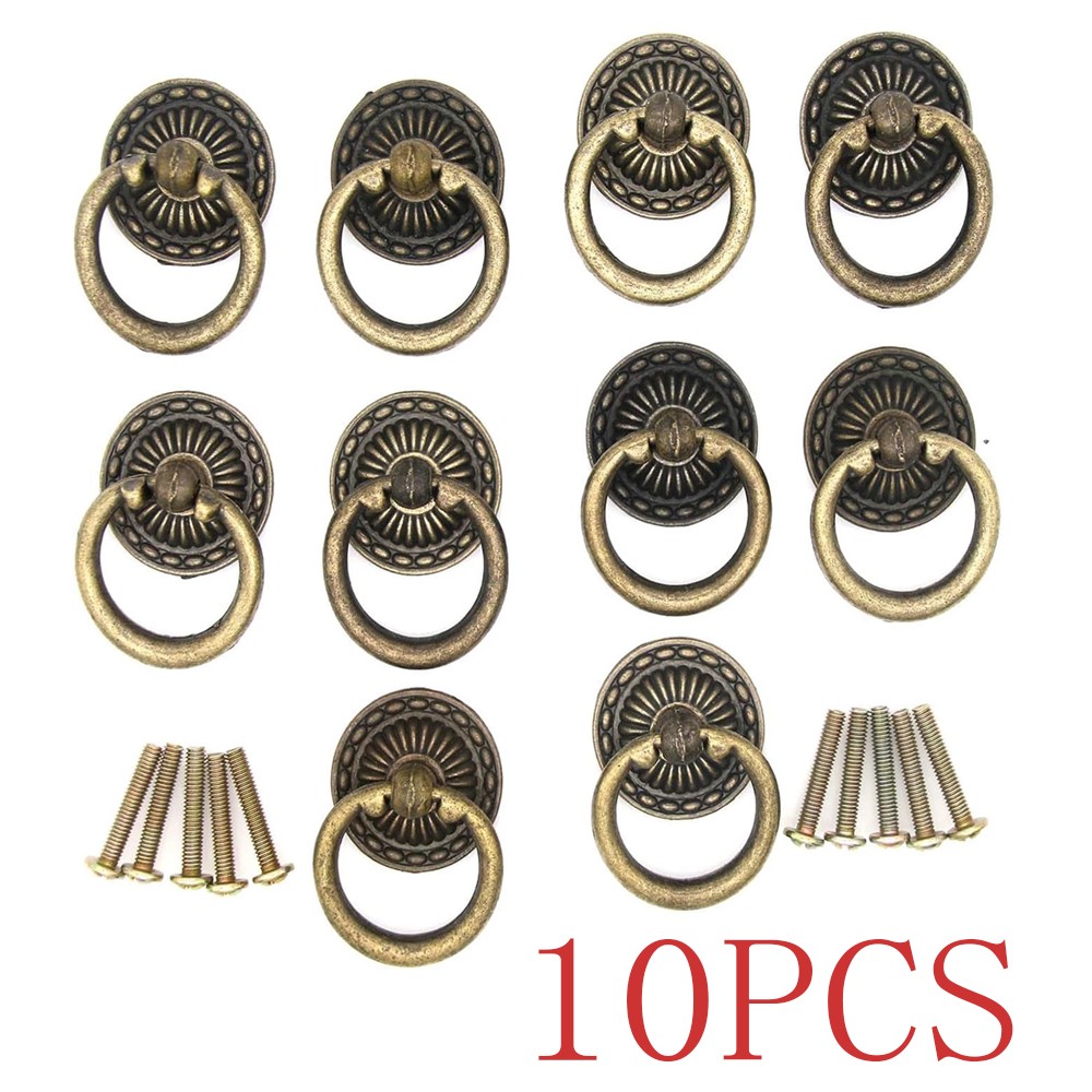 10 Pcs Vintage Antique Brass Ring Pulls Handles for Cabinet Drawer