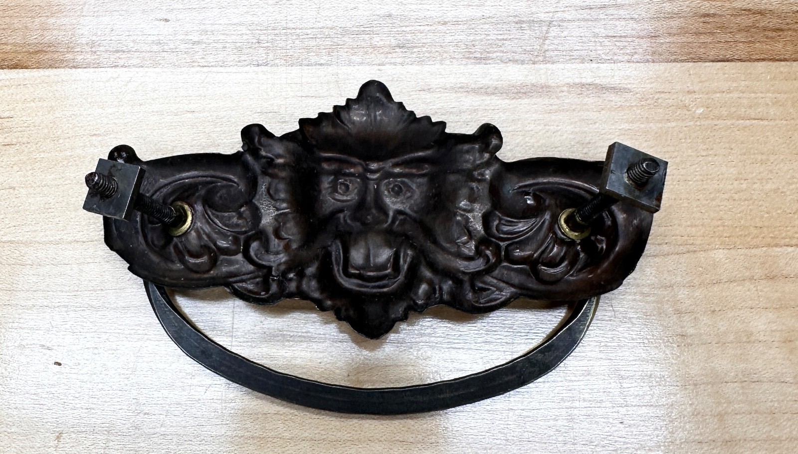 Antique North Wind Lion Face Pressed Brass Drop Bail Dresser Drawer Pull