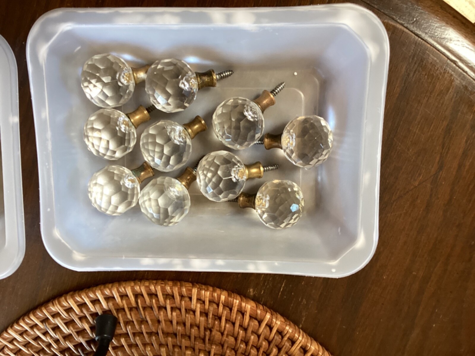 10 Vintage Acrylic Drawer Knobs Clear Faceted 1 3/8″ With Brass Seal and Screws