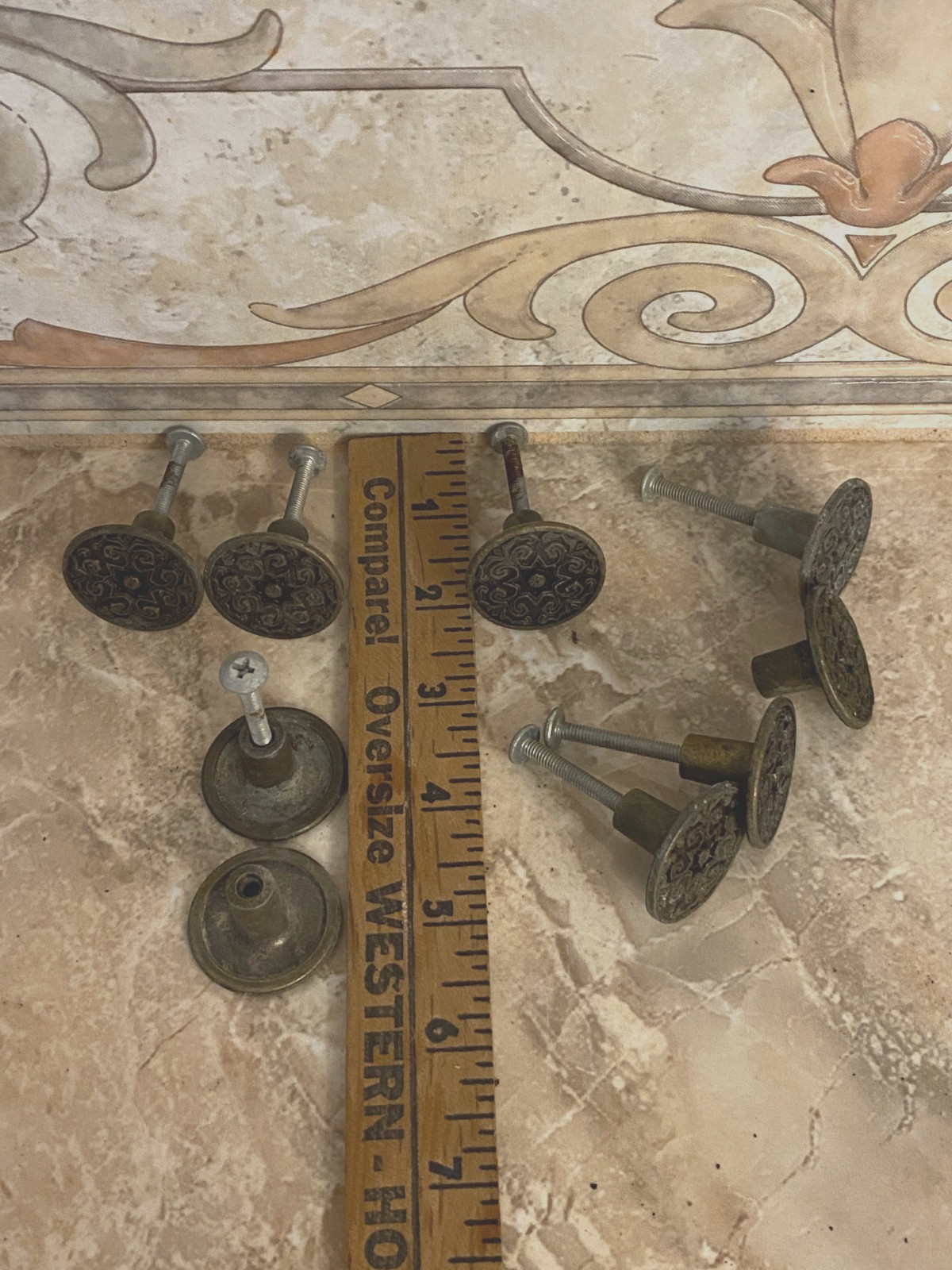 Vintage salvage, grecian or celtic style, 9 pc knobs and 7 screws lot
