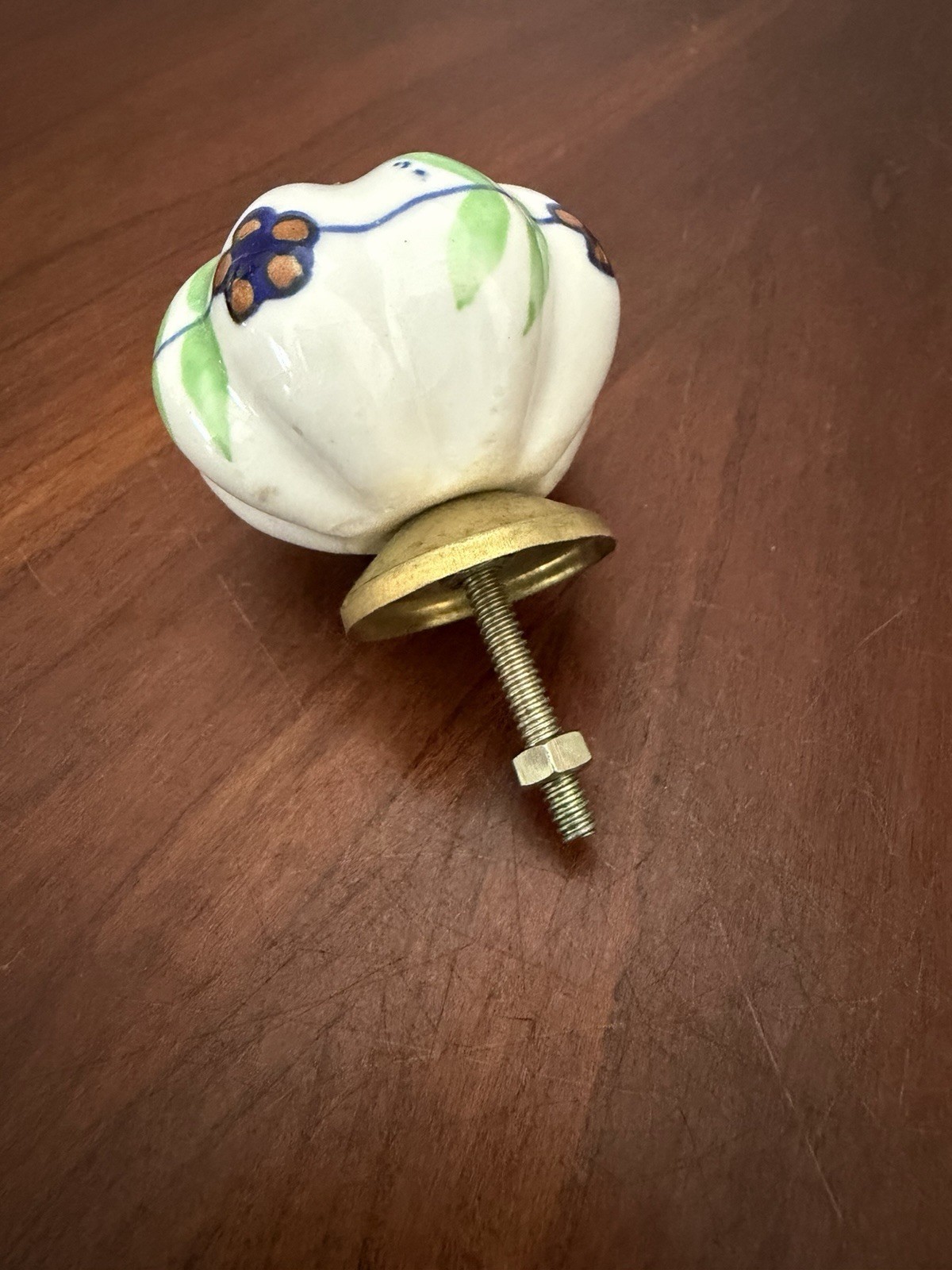 Vintage Hand Painted 2” Cabinet/drawer Knob W/ Green/blue Floral Design Ceramic