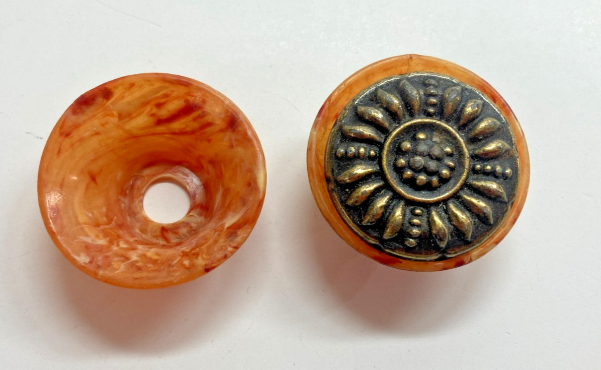 Vintage knob marblelized orange celluloid back plate cups lot of 2