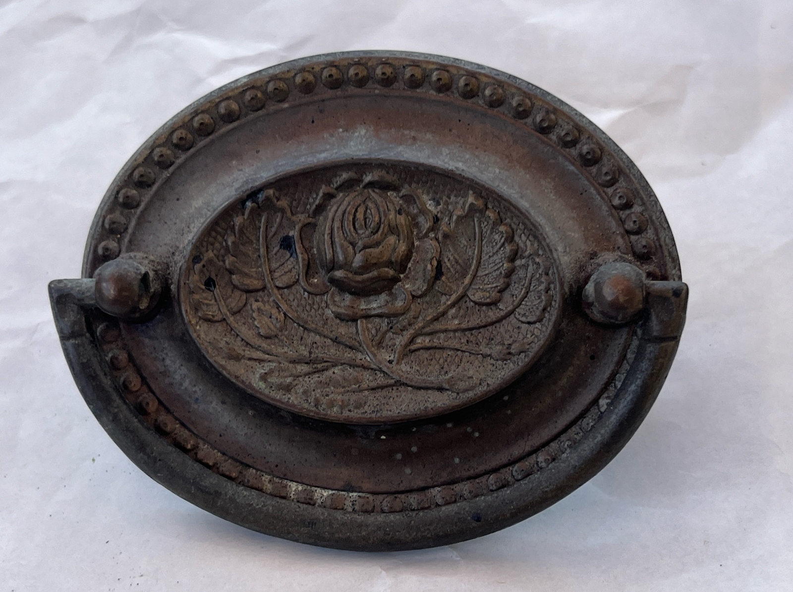 3 Antique Vintage Metal Drawer Drop Bail Oval Rose Leaf Center
