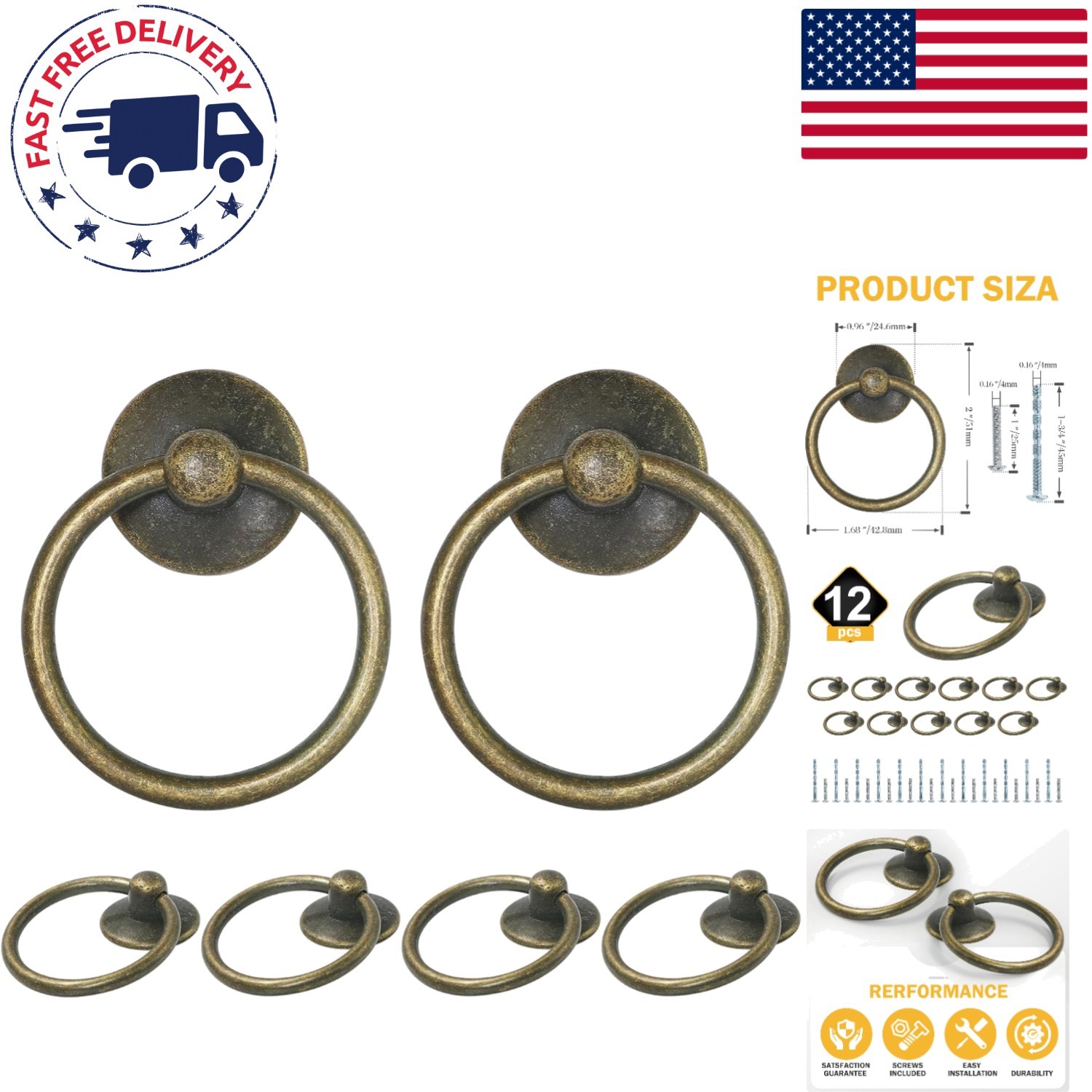 Vintage Brass Ring Drawer Pulls – 12pcs Durable Handles for Cabinets & Drawers