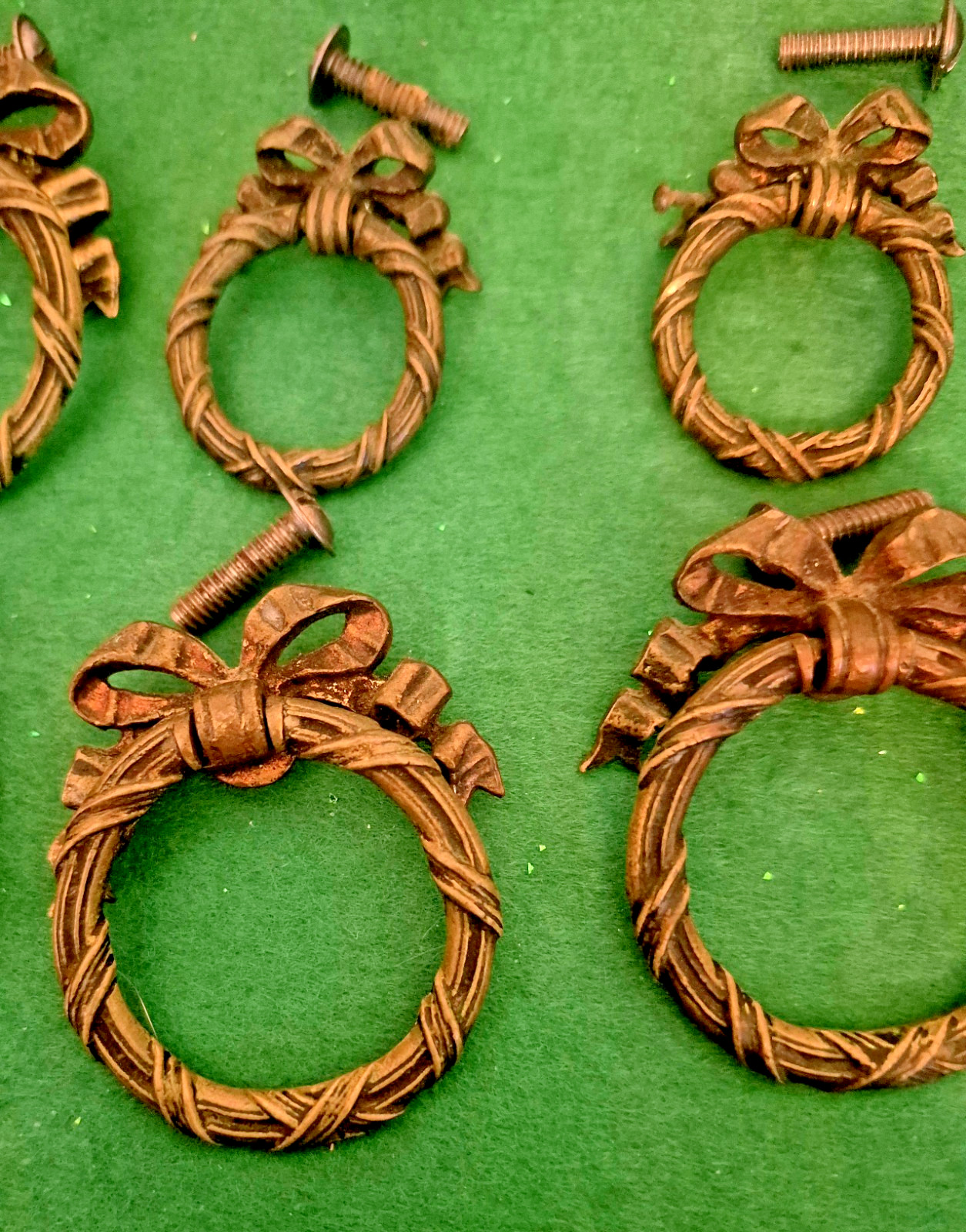 Antique Ribbon And Bow Ornate Bronze Brass Drawer Pull Rings 12 Set Art Nouveau!