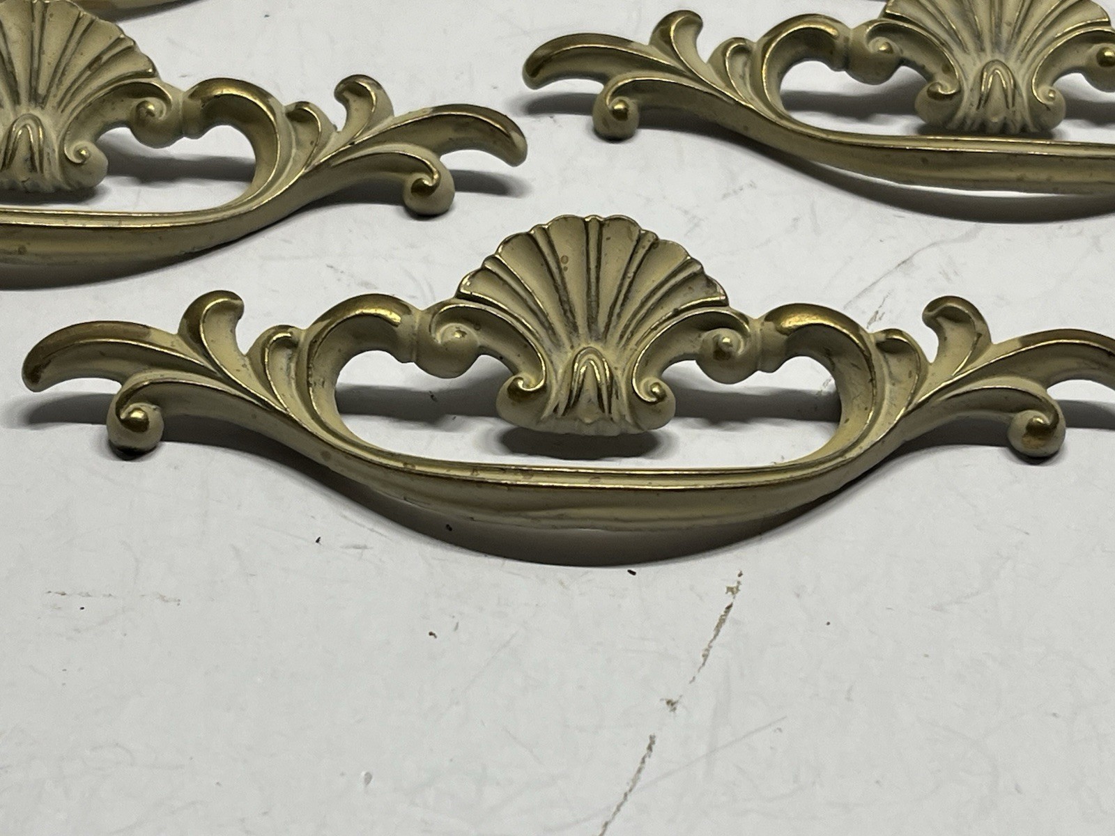 Vintage Lot (5) NOS KBC Brass & Beige Whitewash Shell Design Fixed Drawer Pulls