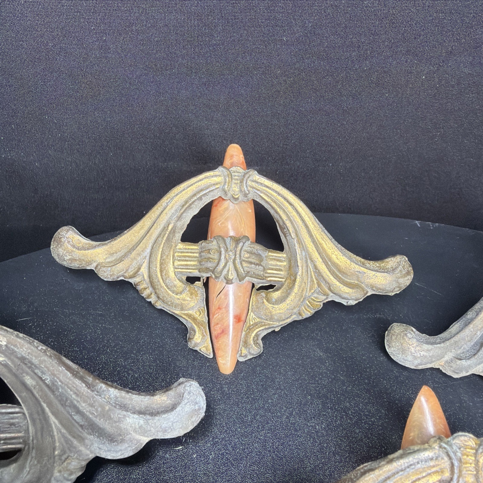 VTG Lot 10 Art Deco Drawer Waterfall Handles Pulls Orange Marble Bakelite Brass