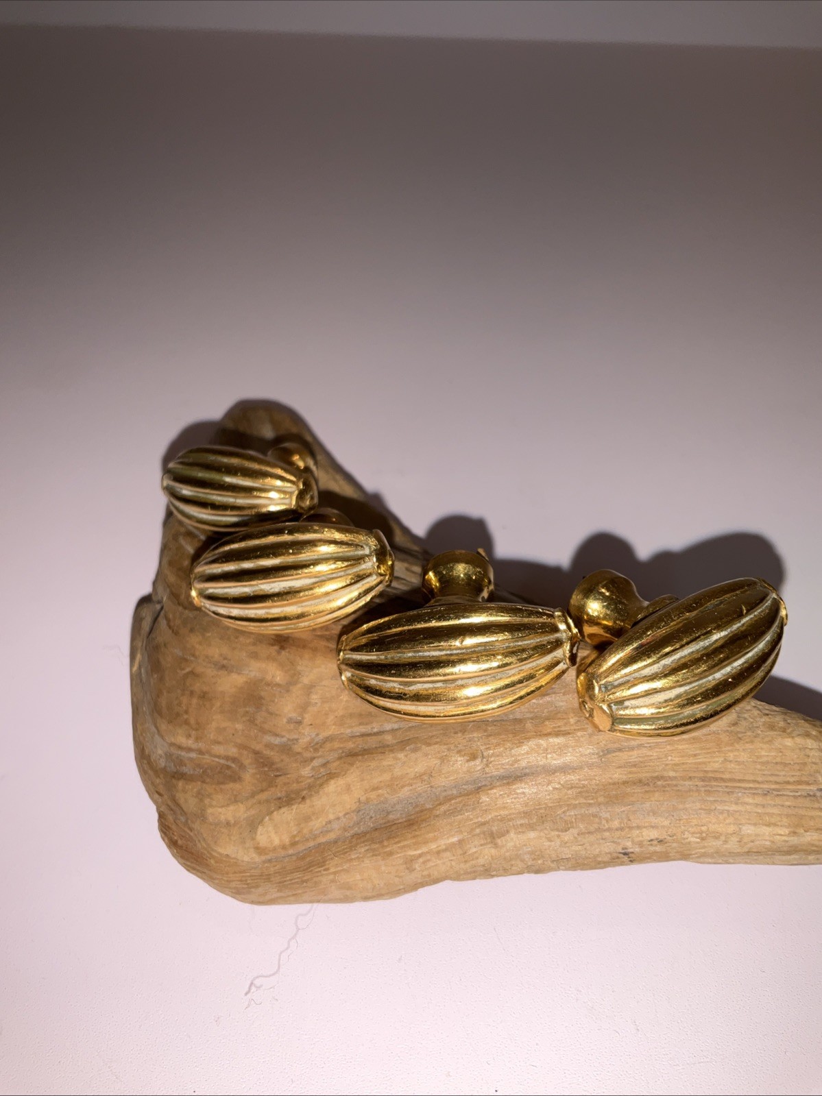 Set of 4 Vintage Brass Drawer Pull Knobs Ribbed Oval Design