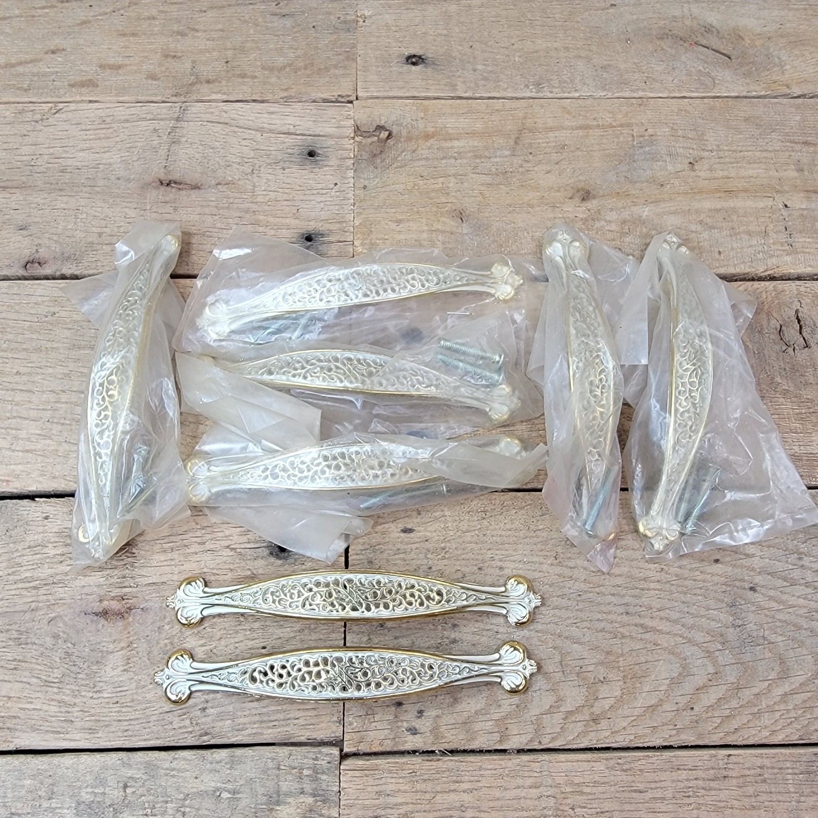 8 Vintage French Provincial Drawer Pulls White Gold Cabinet Handles NOS