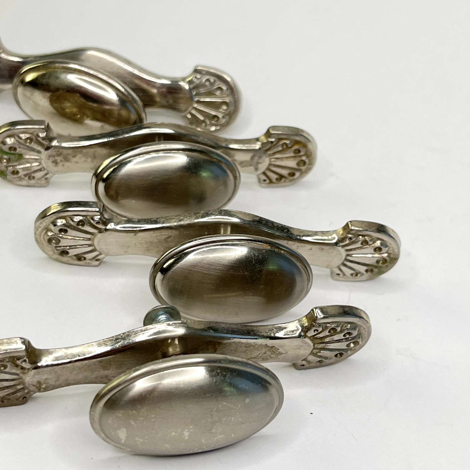 Four Vintage Drawer Pulls Handles Lot of Oval Knobs brushed nickel plate C