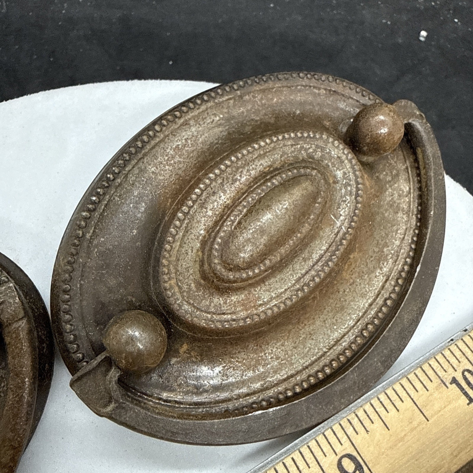 Vintage Pull Antique Brass finish Bail Drawer Pull Oval Drop 2-1/2″ center.