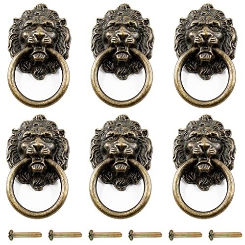 6 Pcs Pull, Antique Bronze Ring Pull Handles for Dresser Lion Head Knobs