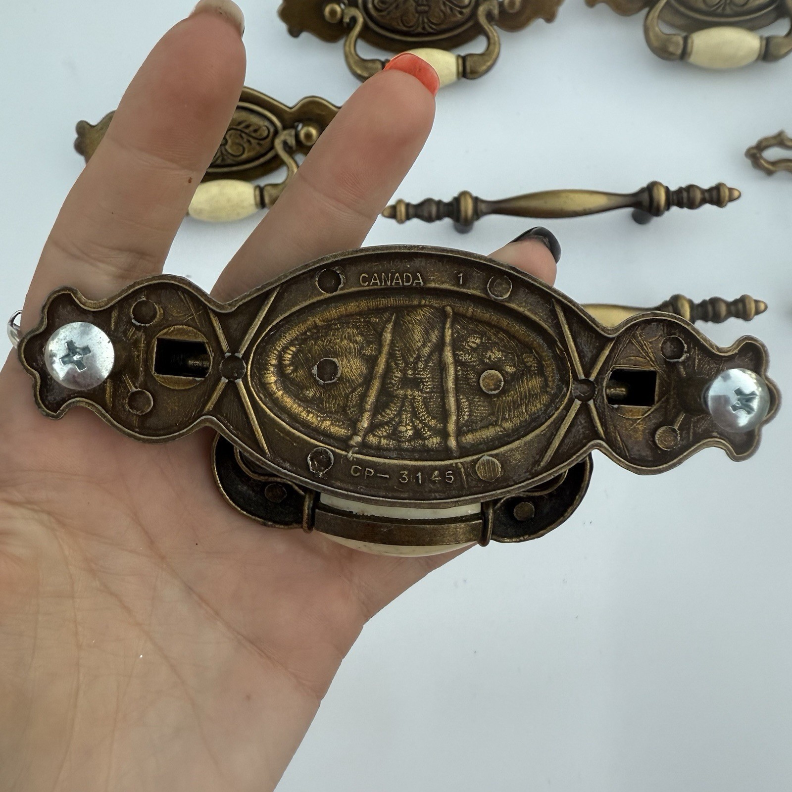 Vintage Brass Hardware Drawer Pulls With Beige Ceramic Center Bead Cabinet Mixed
