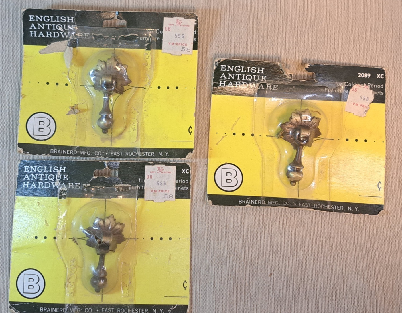 Vintage Brainerd 2089 Brass Drop Pulls Set of 3 NOS English Antique Hardware