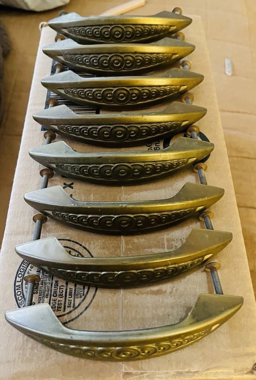 Set 8 Antique Vintage Art Deco Gold Toned Drawer Handle Pulls.