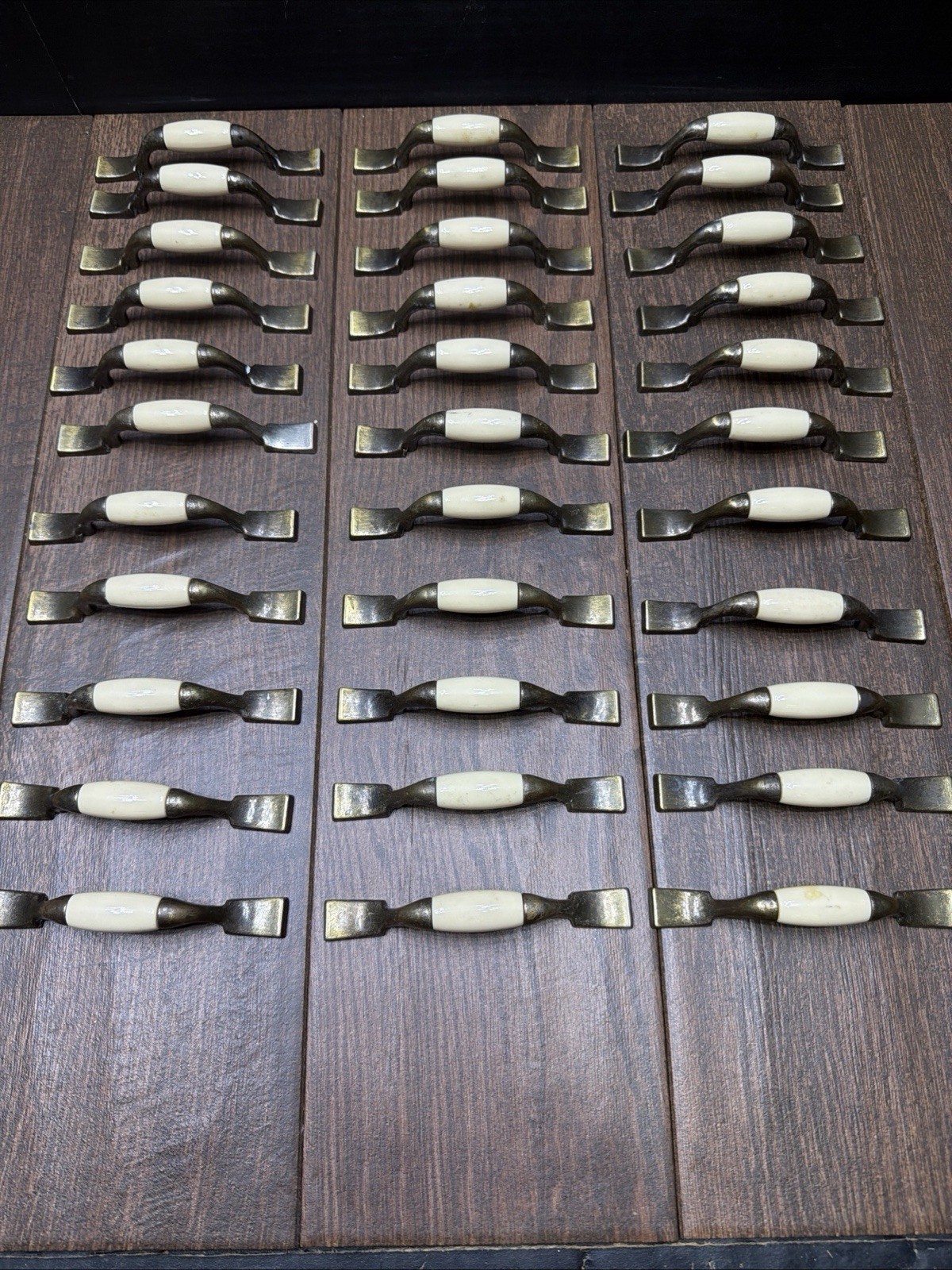 33 Allison Vintage Brass White Porcelain Cabinet Pulls Drawer Handles 5 1/4″