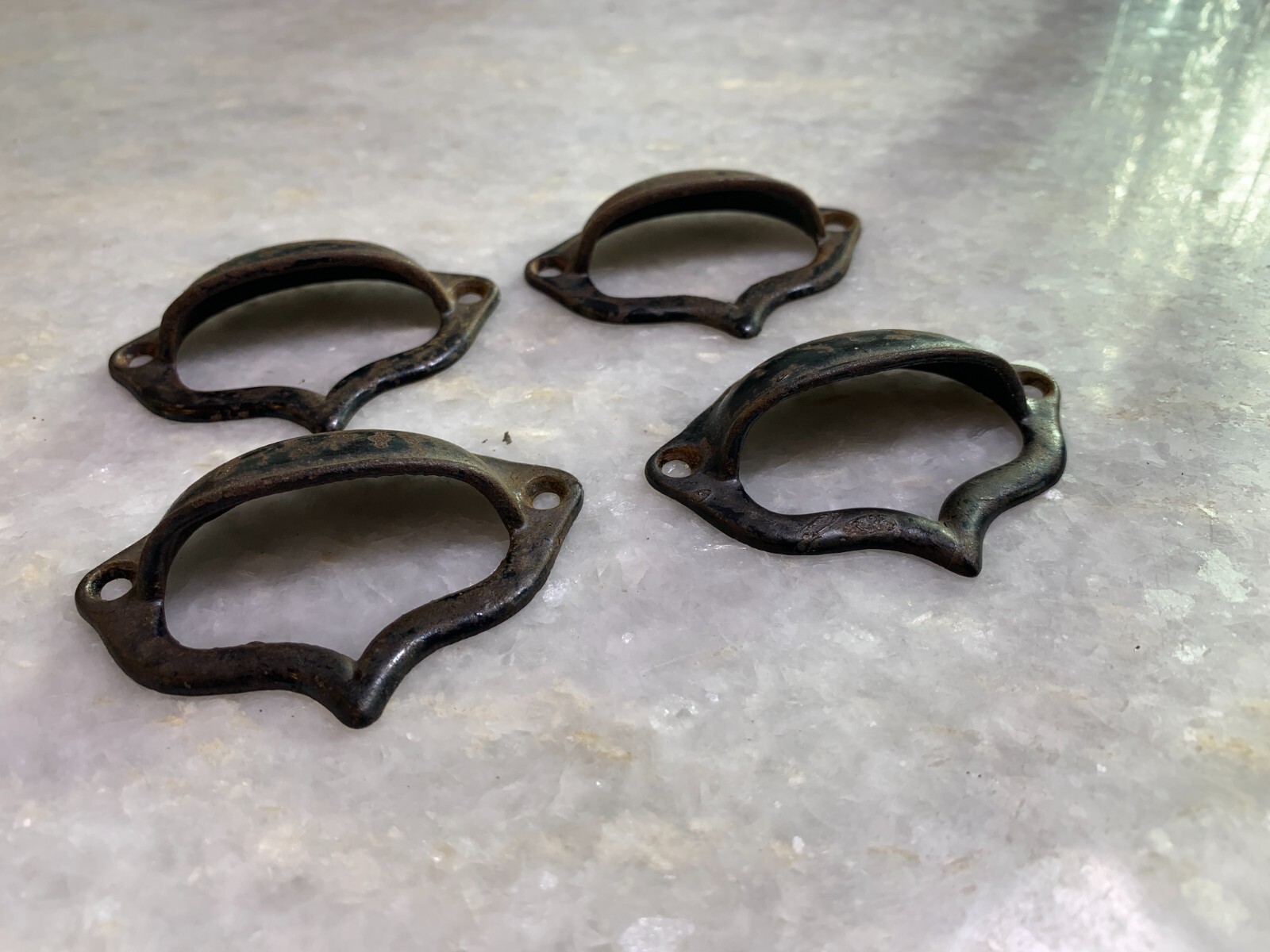 Set Small Antique Ornate Cast Iron Drawer Finger Pull Knob Knobs Handle Handles