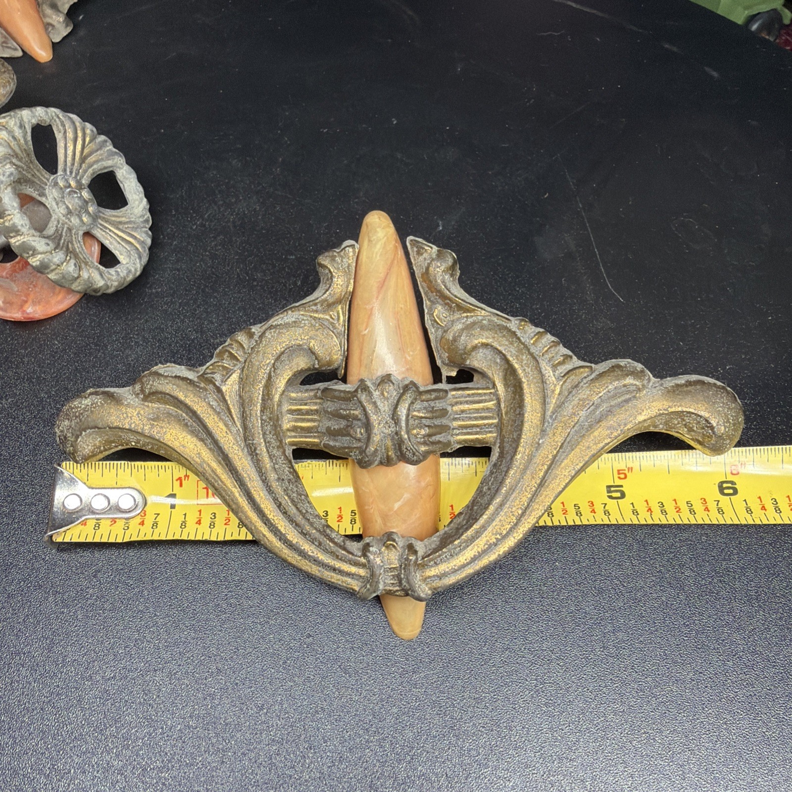 VTG Lot 10 Art Deco Drawer Waterfall Handles Pulls Orange Marble Bakelite Brass