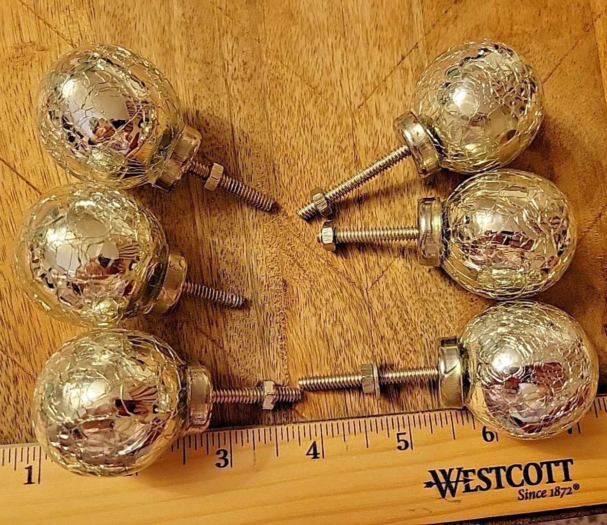 6 SILVER CRACKED MERCURY GLASS CABINET DRAWER HANDLE PULLS 1.5” Diameter