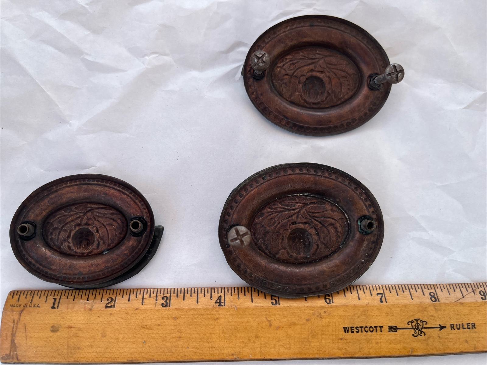 3 Antique Vintage Metal Drawer Drop Bail Oval Rose Leaf Center