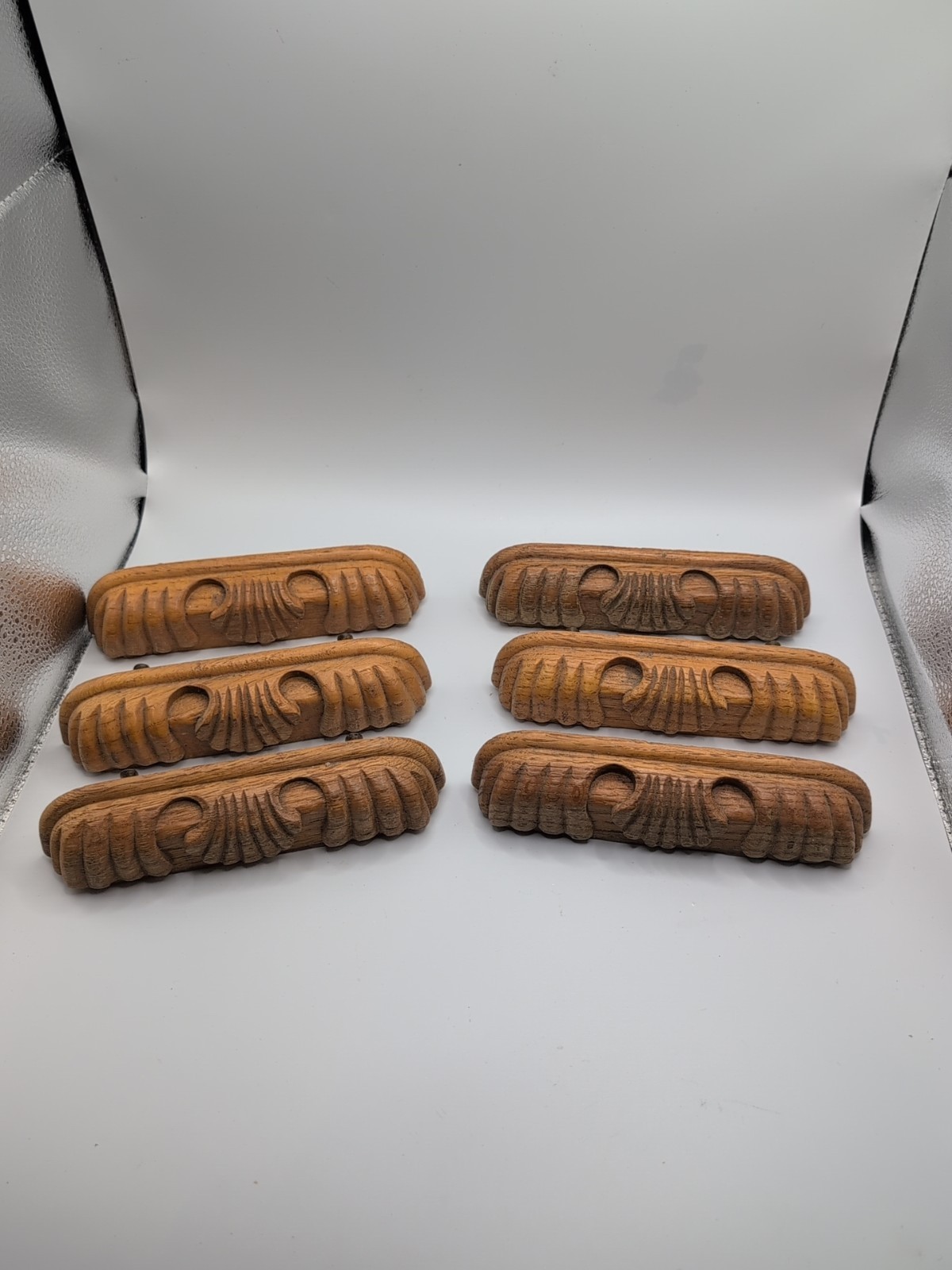 Vintage Art Deco Style Wood Oak Desk Drawer Pulls Handles Ornate Carved Lot of 6