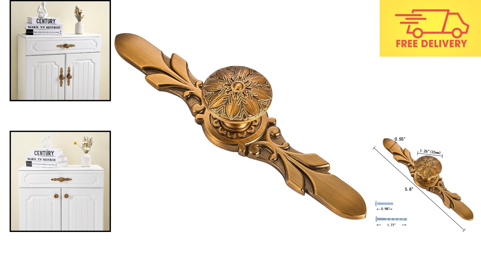 Set of 5 Antique Brass Knobs & Plates for Cabinet Elegance – Flower Design