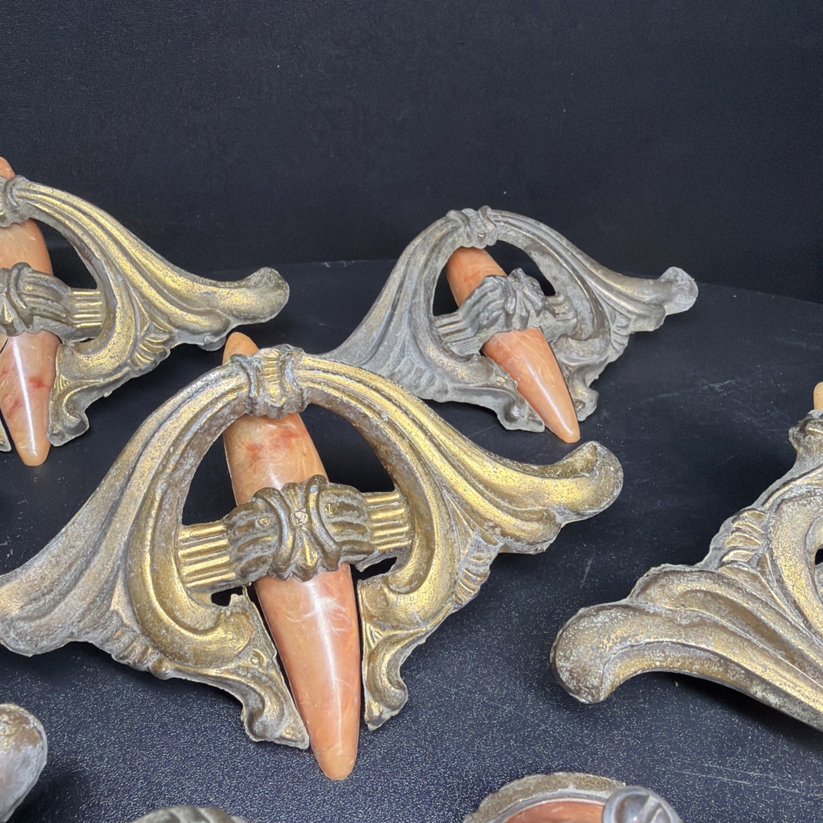 VTG Lot 10 Art Deco Drawer Waterfall Handles Pulls Orange Marble Bakelite Brass