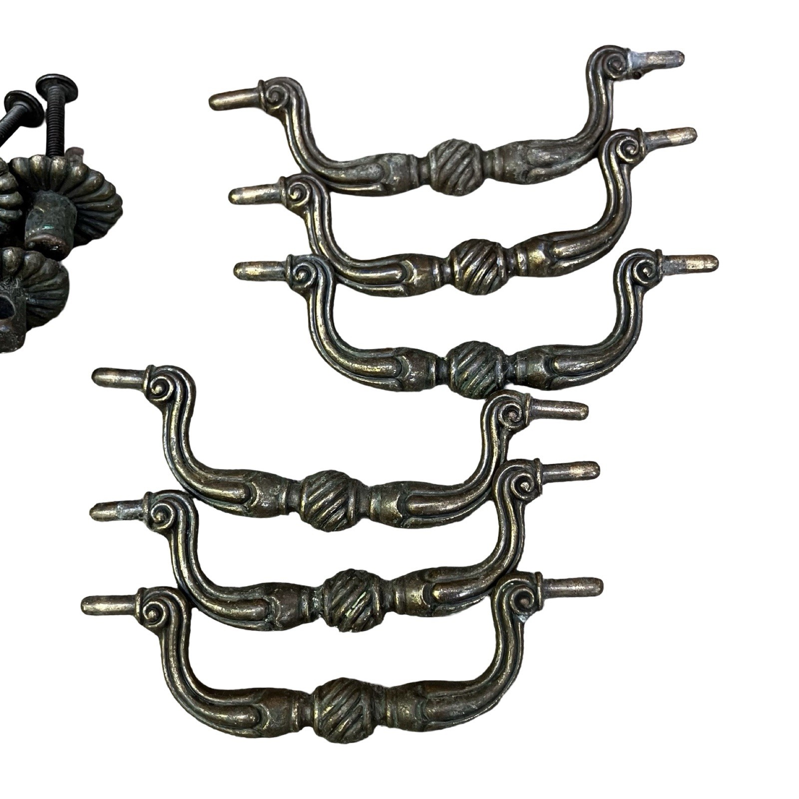VTG YC Brass Bail Drop Drawer Pulls Rosette Set Of 6 Reclaimed Cabinet Handles