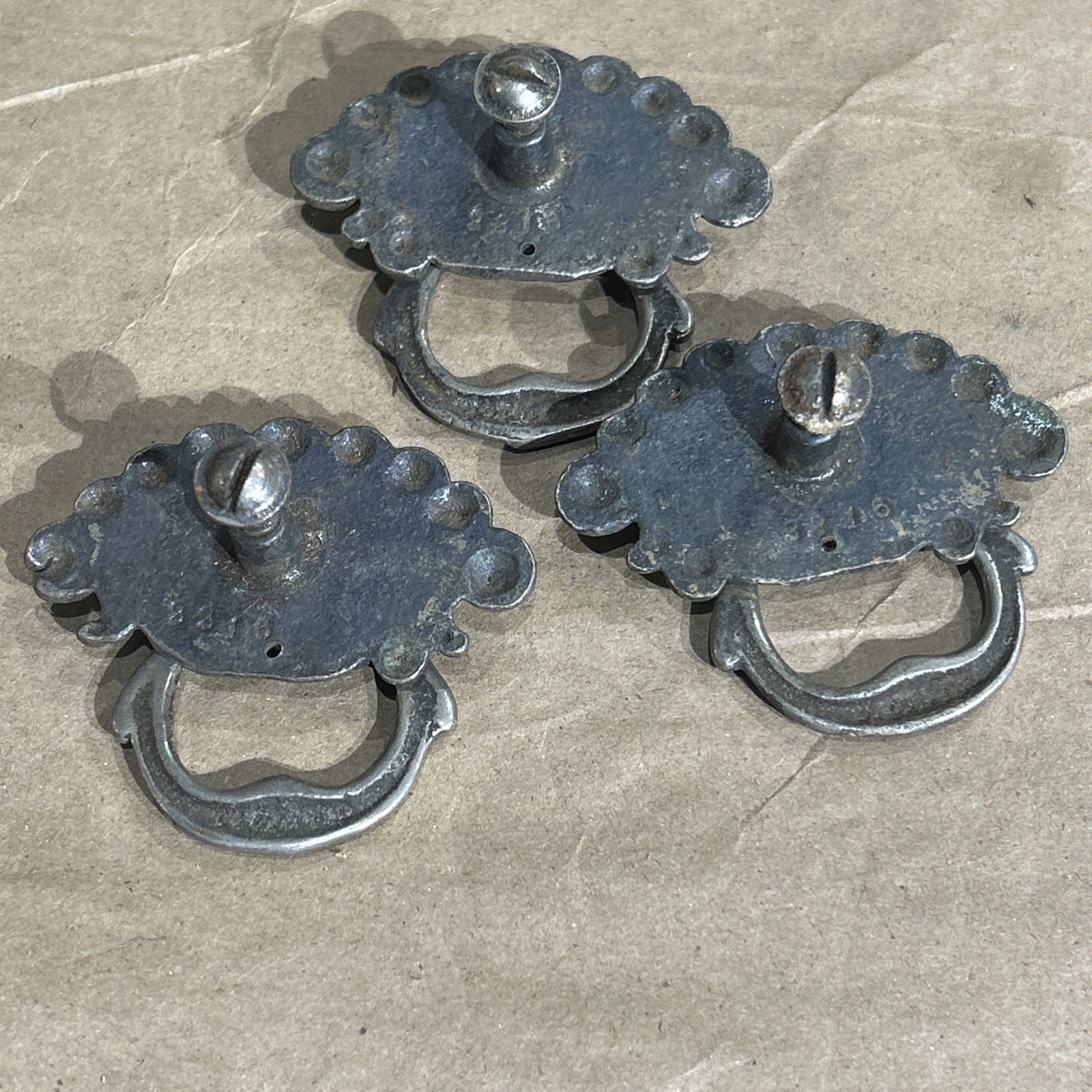 VICTORIAN Nickel Drawer Pull Antique Hardware Drop Ring Shell Knob Lot Of 3 3316