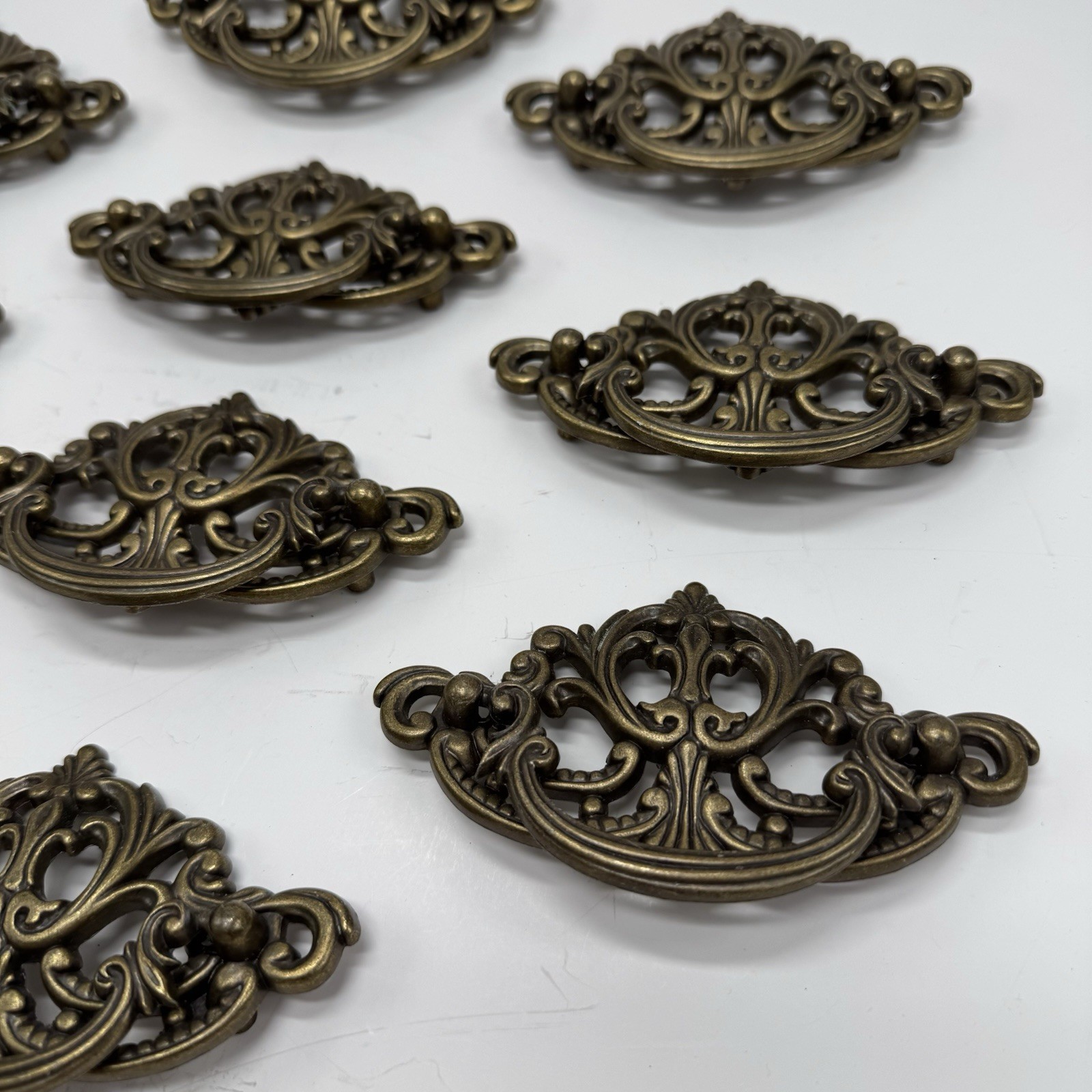 Vintage 1988 80s Antique Brass Bail Drop Drawer Pull Hardware Ornate Replacement