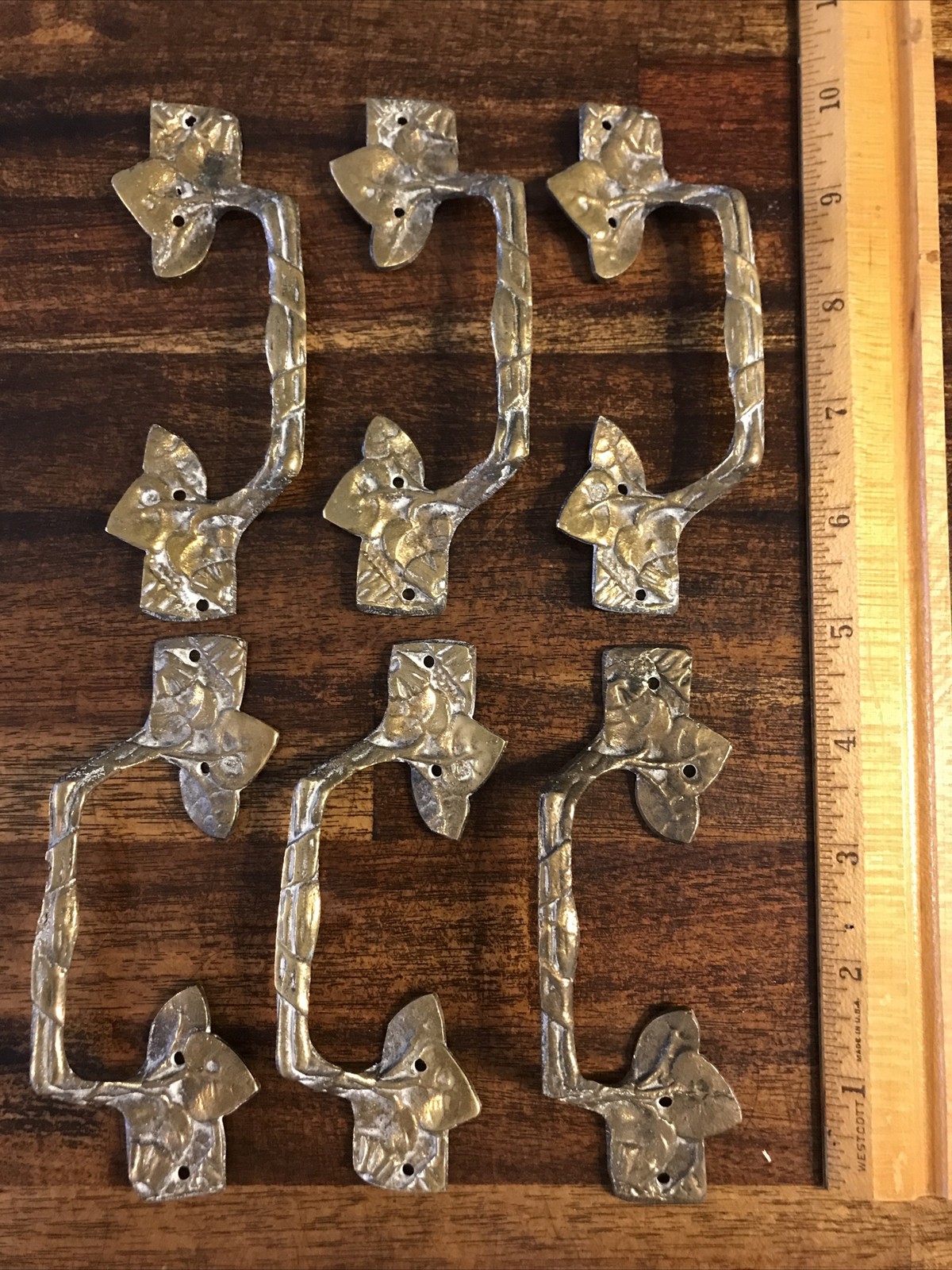 Antique Vtg Brass Handle Drawer Pulls French Provincial Leaf Regency Lot Set x6