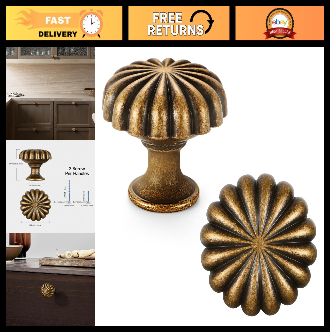 10 Pack Antique Brass Cabinet Knobs – Vintage Zinc Alloy Hardware Pulls for Kitc