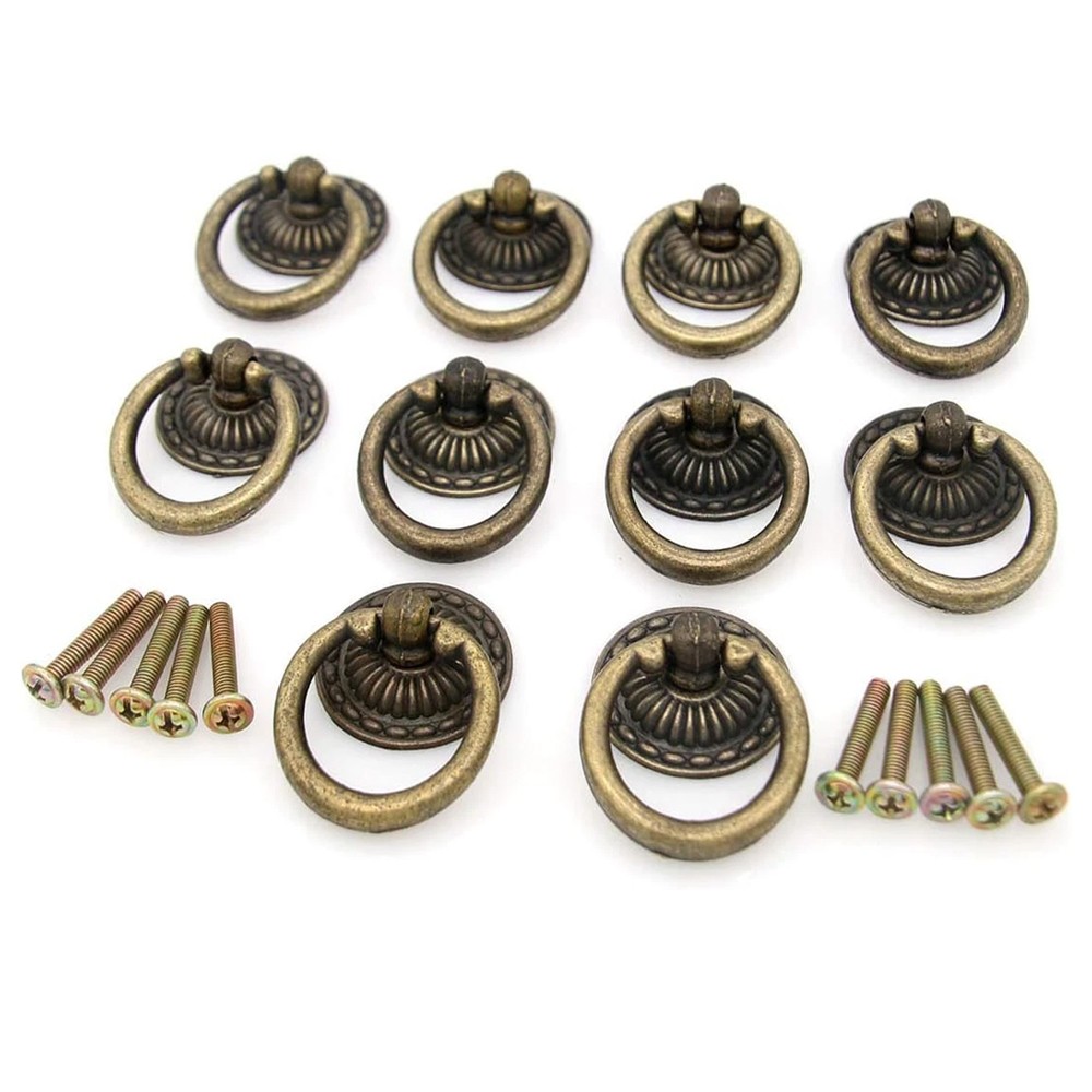 Vintage Antique Brass Ring Pulls Handles for Cabinet Drawer 10Pcs NEW