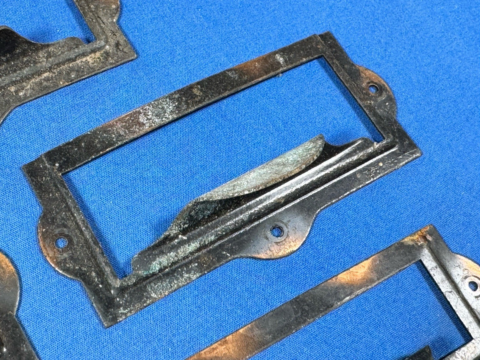 Vintage Japanned Drawer Pulls & Label Holder Plate Library , Apothecary Cabinet