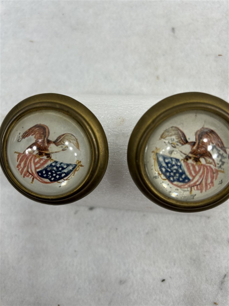 antique eagle flag drawer pulls lot 2 round glass brass 2 in original 1800