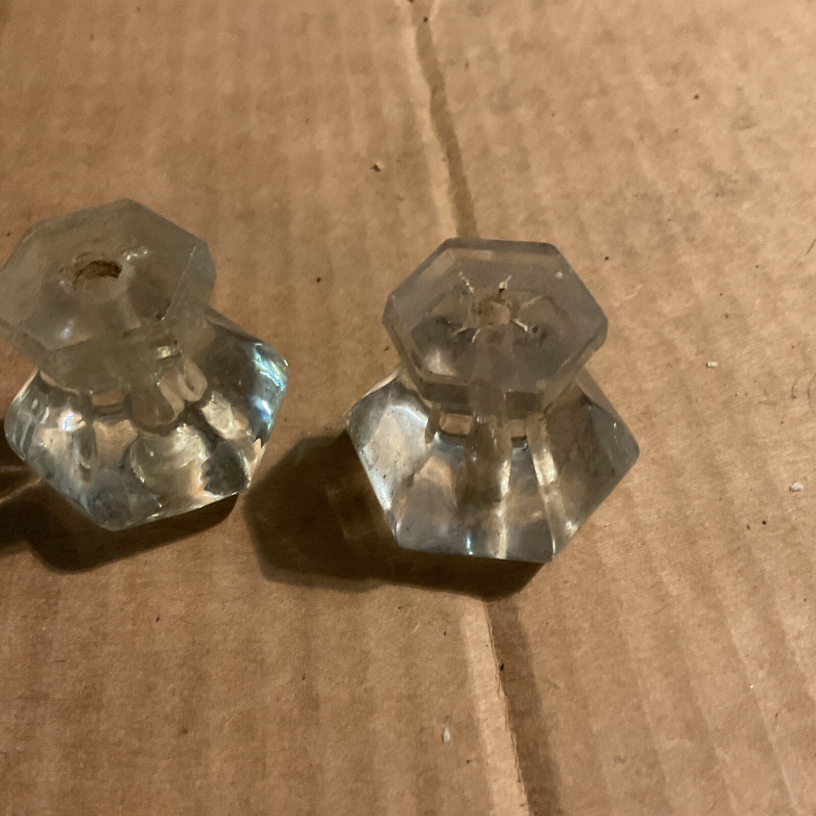 2 Antique Vintage Clear Glass Hexagon 6 sided 1.25″ x 1 .25″ Drawer Cabinet Knob