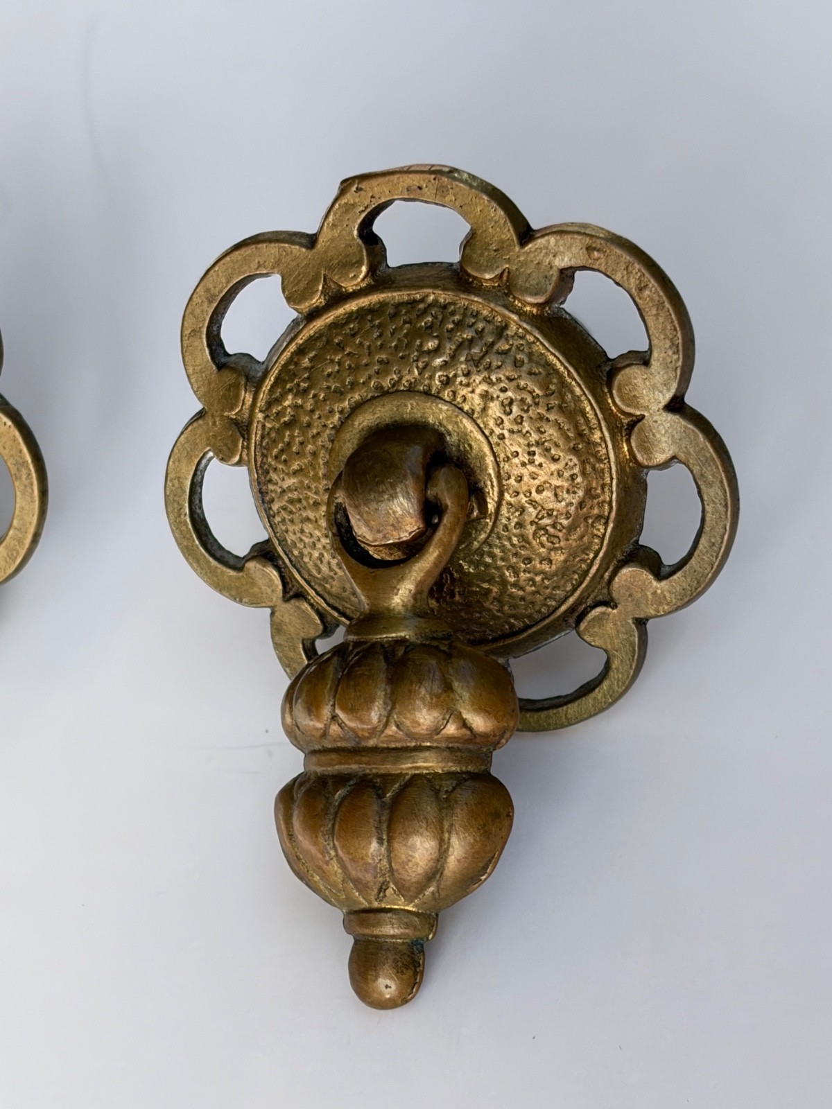 Set of 6 Antique Vintage Brass Teardrop Drop Pulls Ornate Scalloped