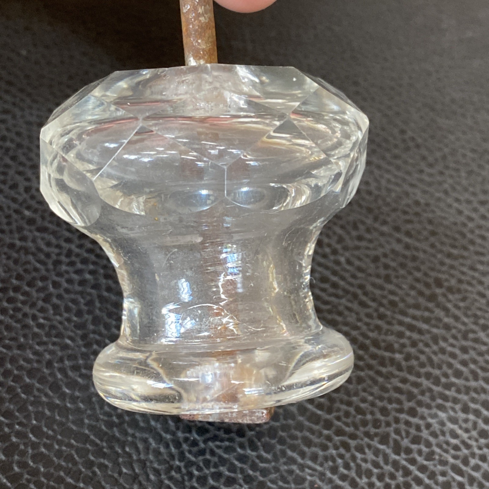 Faceted 1.75”x1-5/8” Antique Pressed Clear Glass Sandwich Drawer Pull Post Bolt