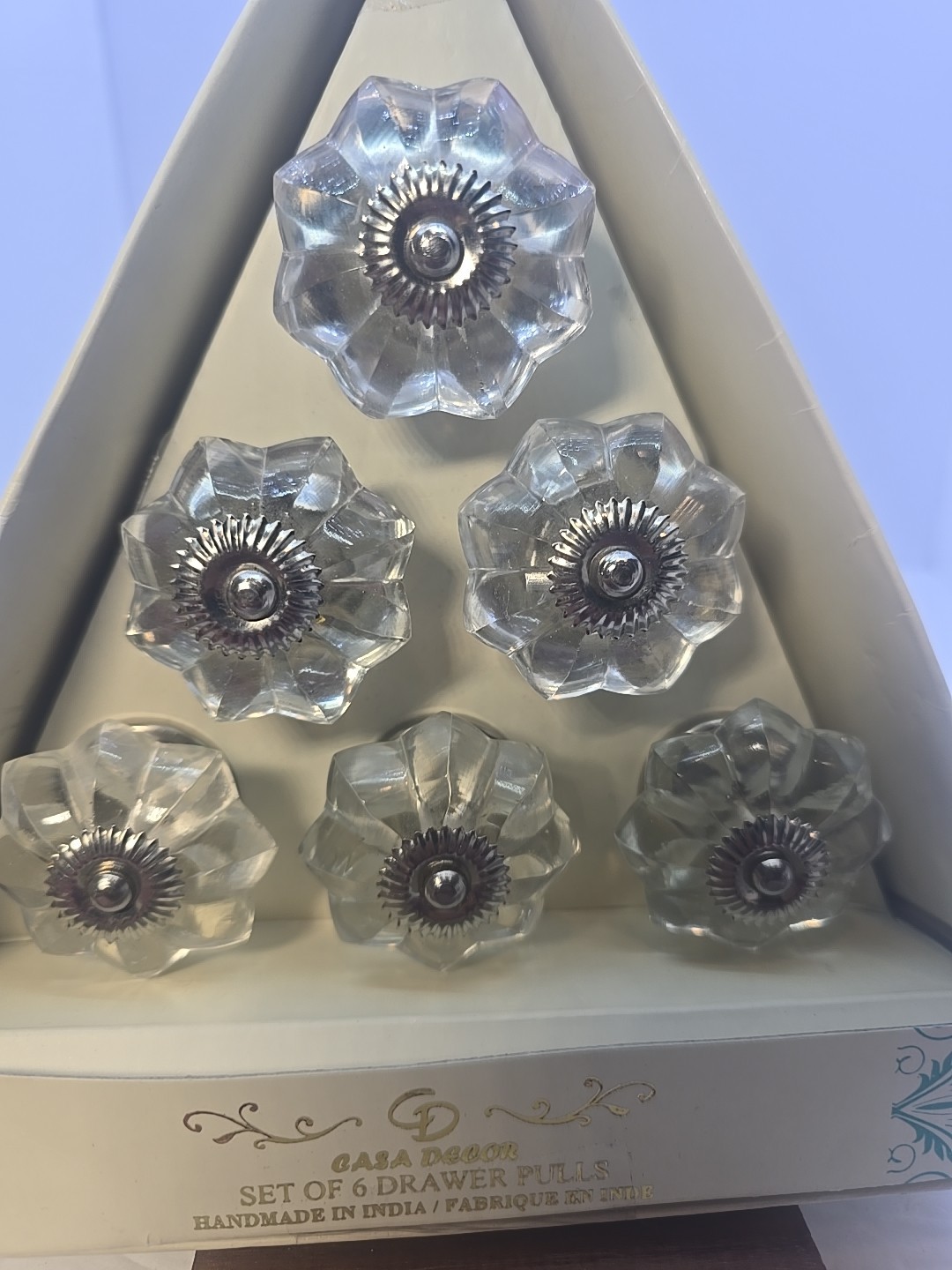 Antique Style Glass Drawer Pull Handle Clear Faceted Cabinet Knobs Silver Accent