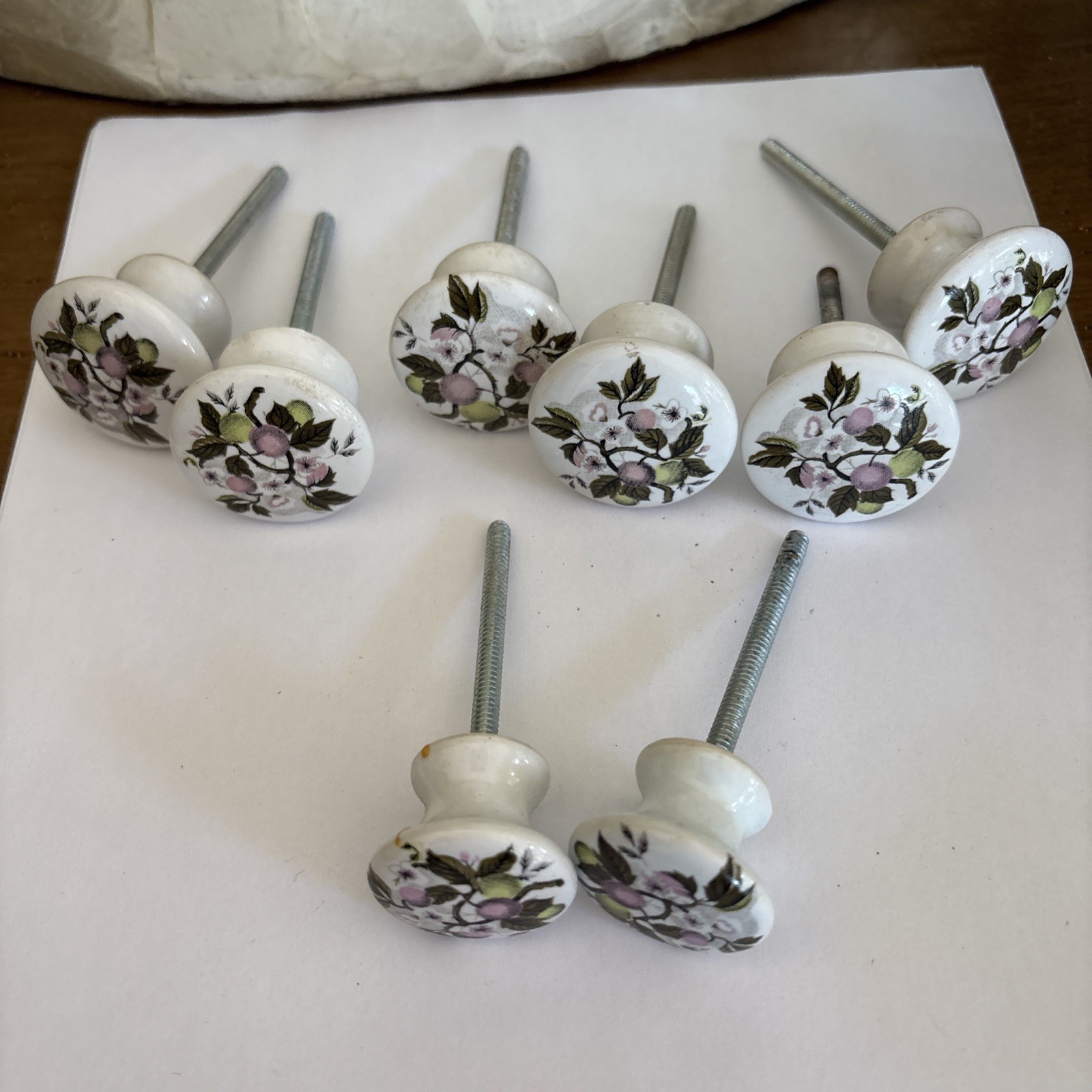 Vtg Porcelain Pulls/Knobs, White Painted Cherry Blossom Floral Design~Lot of 8
