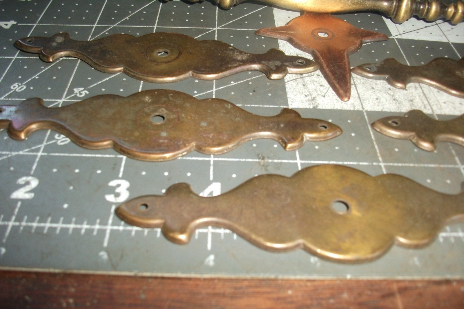 LOT 1920s/30s Vintage Art DecoBrass Handle Drawer Pull 3″ centers+backing plates